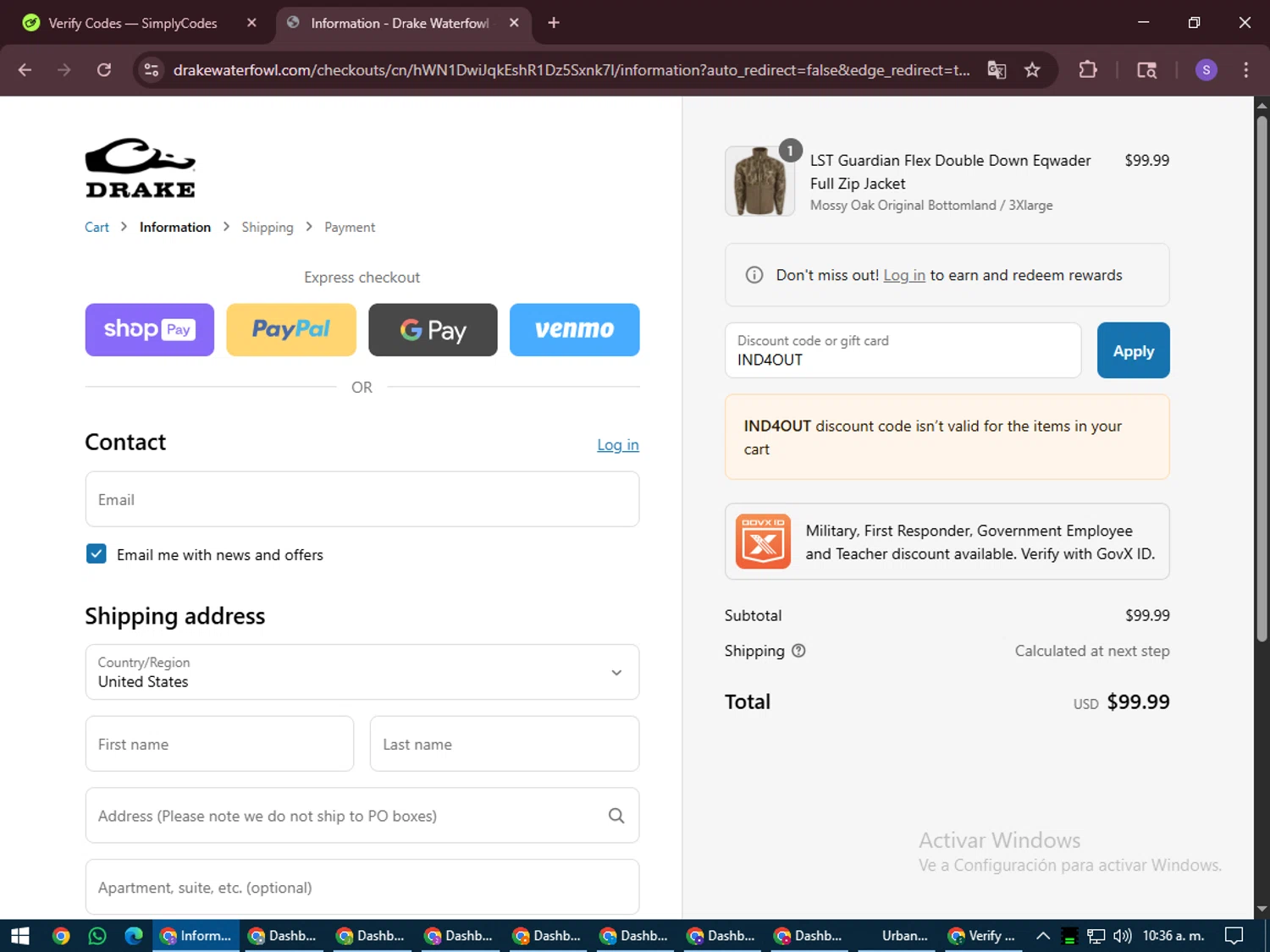 Drake Waterfowl promo code screenshot showing code IND4OUT applied at Drake Waterfowl checkout page. Uploaded by SimplyCodes community member LuckyVoyager688 on Jul 30, 2025