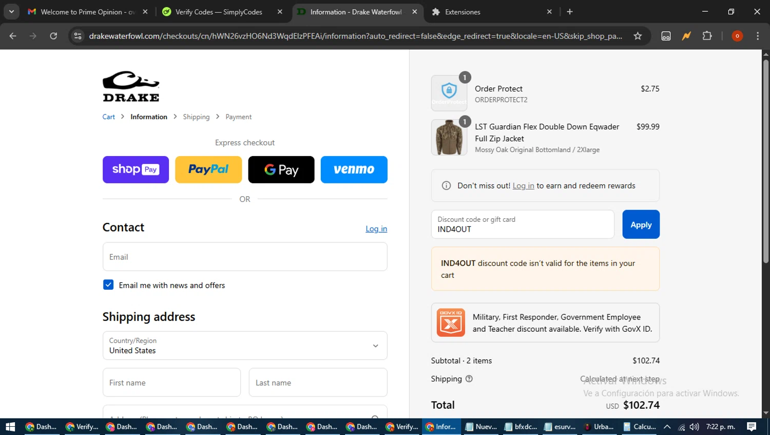 Drake Waterfowl promo code screenshot showing code IND4OUT applied at Drake Waterfowl checkout page. Uploaded by SimplyCodes community member WiseTracker2171 on Aug 22, 2025