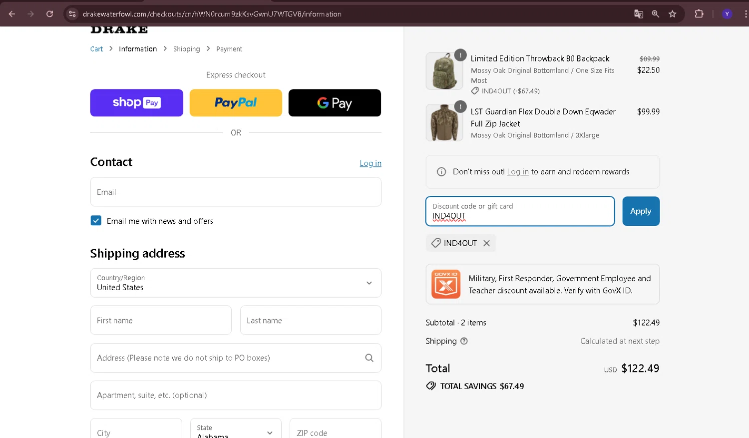 Drake Waterfowl promo code screenshot showing code IND4OUT applied at Drake Waterfowl checkout page. Uploaded by SimplyCodes community member Yabriel007 on Jul 21, 2025