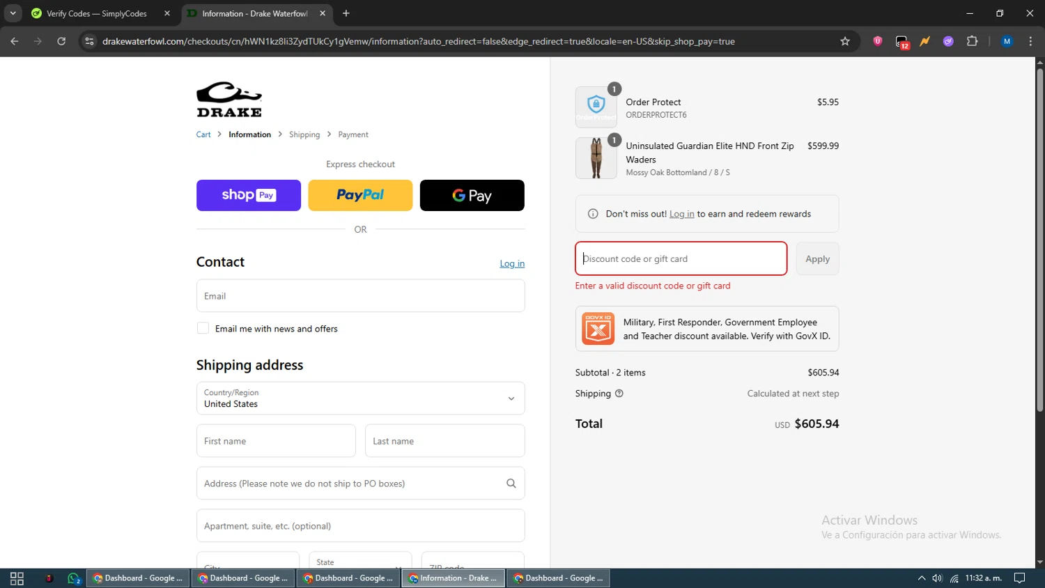 Drake Waterfowl promo code screenshot showing code PROSTAFF35 applied at Drake Waterfowl checkout page. Uploaded by SimplyCodes community member EpicVoyager2820 on Aug 13, 2025