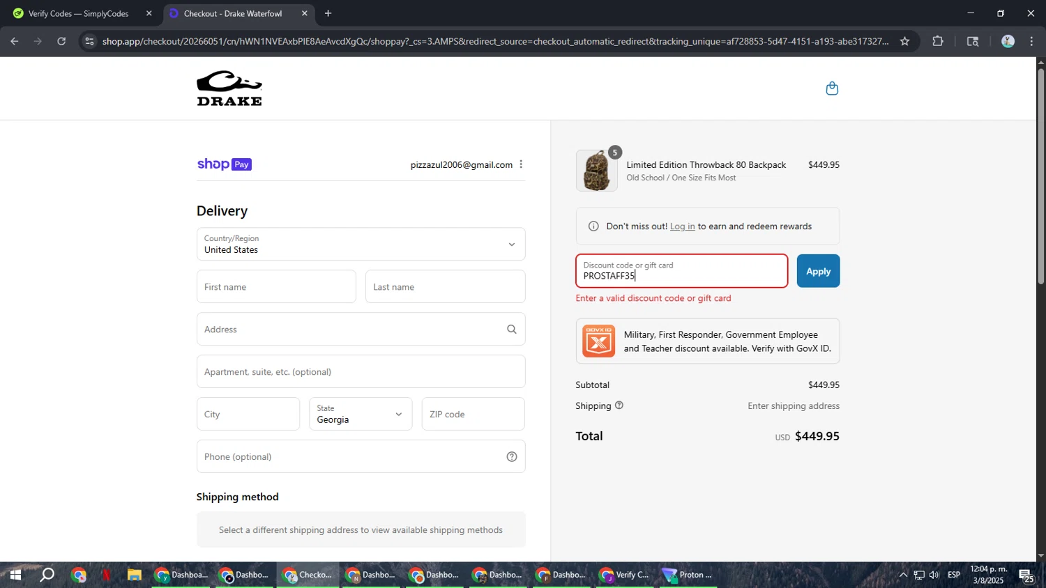 Drake Waterfowl promo code screenshot showing code PROSTAFF35 applied at Drake Waterfowl checkout page. Uploaded by SimplyCodes community member ShrewdSeeker6165 on Aug 3, 2025