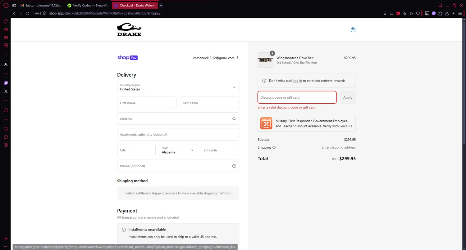 Drake Waterfowl promo code screenshot showing code SUN20 applied at Drake Waterfowl checkout page. Uploaded by SimplyCodes community member Veigarwaton on Jul 23, 2025