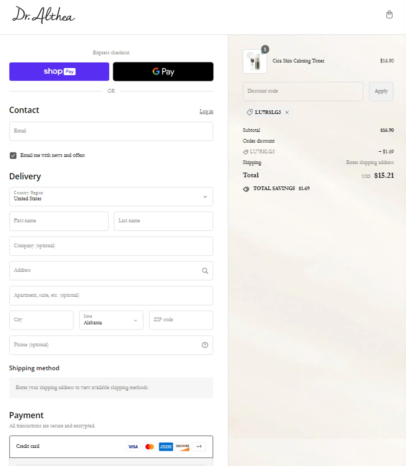 Dr. Althea checkout page showing Dr. Althea discount code box | Screenshot taken by SimplyCodes community member on Apr 28, 2024