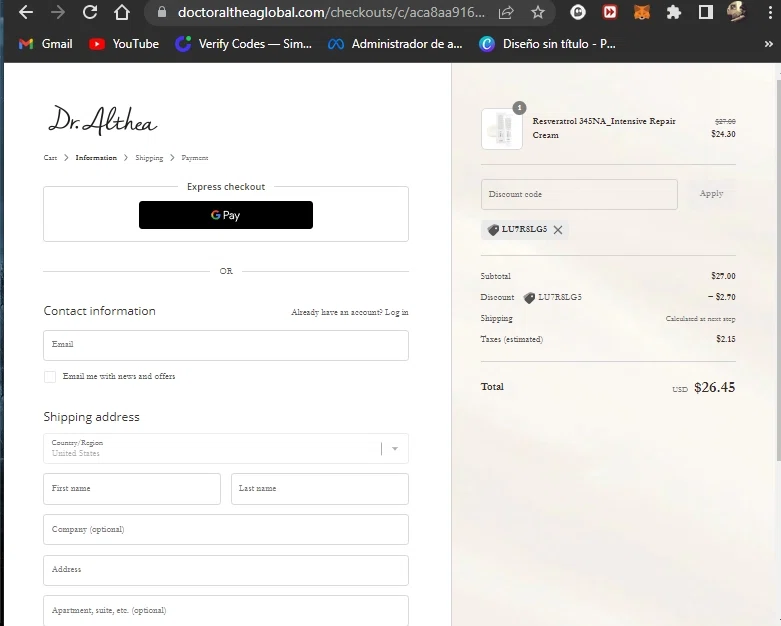 Dr. Althea checkout page showing Dr. Althea discount code box | Screenshot taken by SimplyCodes community member on Oct 15, 2022