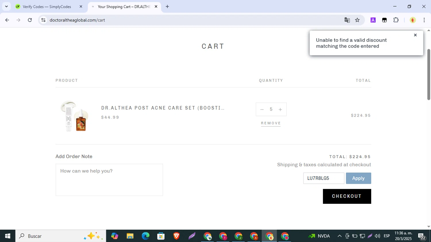 Dr. Althea discount code screenshot showing code LU7R8LG5 applied at Dr. Althea checkout page. Uploaded by SimplyCodes community member SmartMonarch9718 on Mar 20, 2025