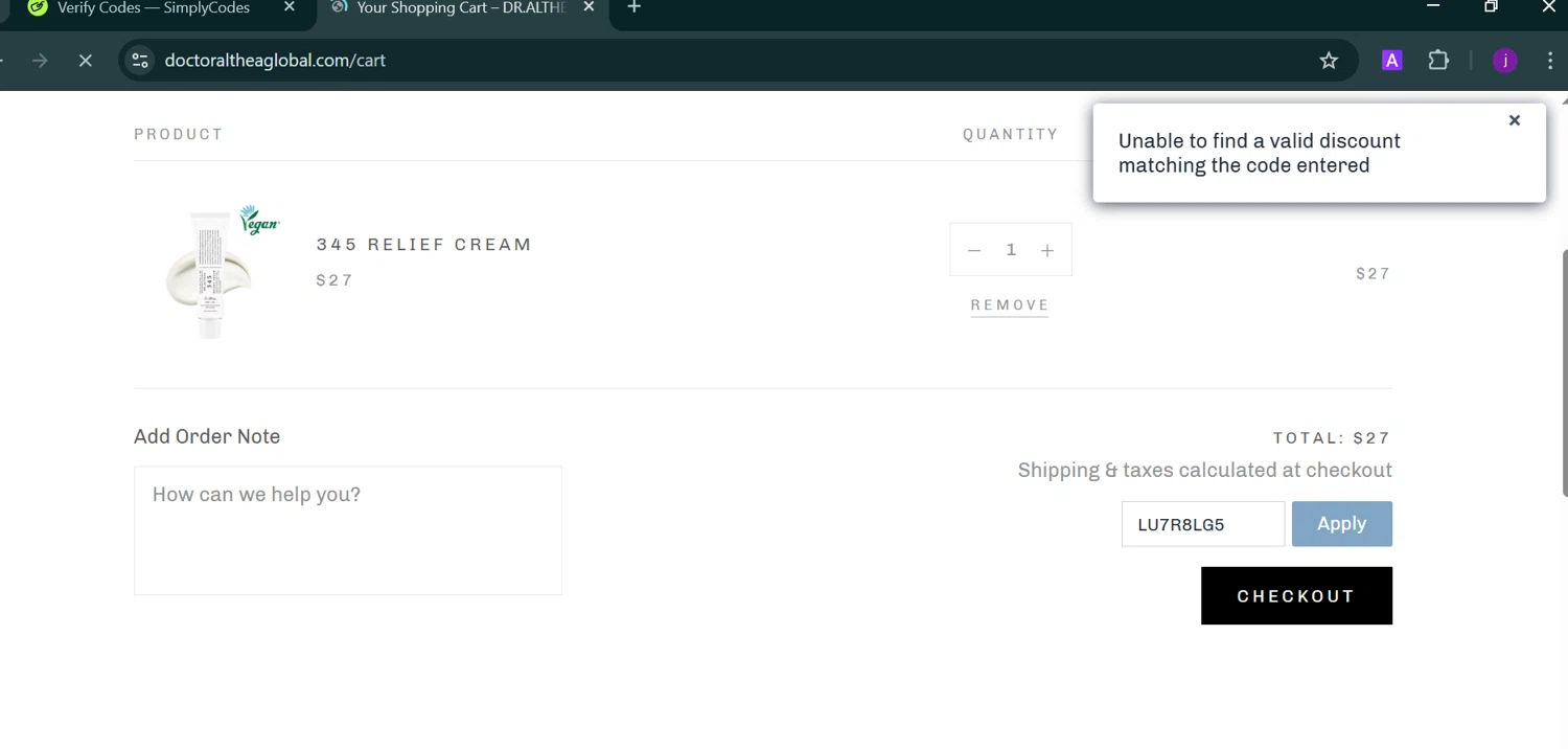 Dr. Althea discount code screenshot showing code LU7R8LG5 applied at Dr. Althea checkout page. Uploaded by SimplyCodes community member Trump23 on Mar 7, 2025
