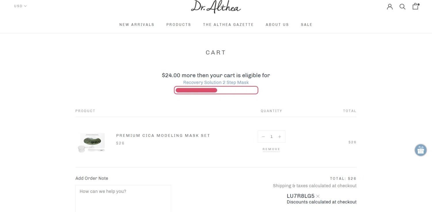 Dr. Althea checkout page showing Dr. Althea discount code box | Screenshot taken by SimplyCodes community member on Jun 16, 2022