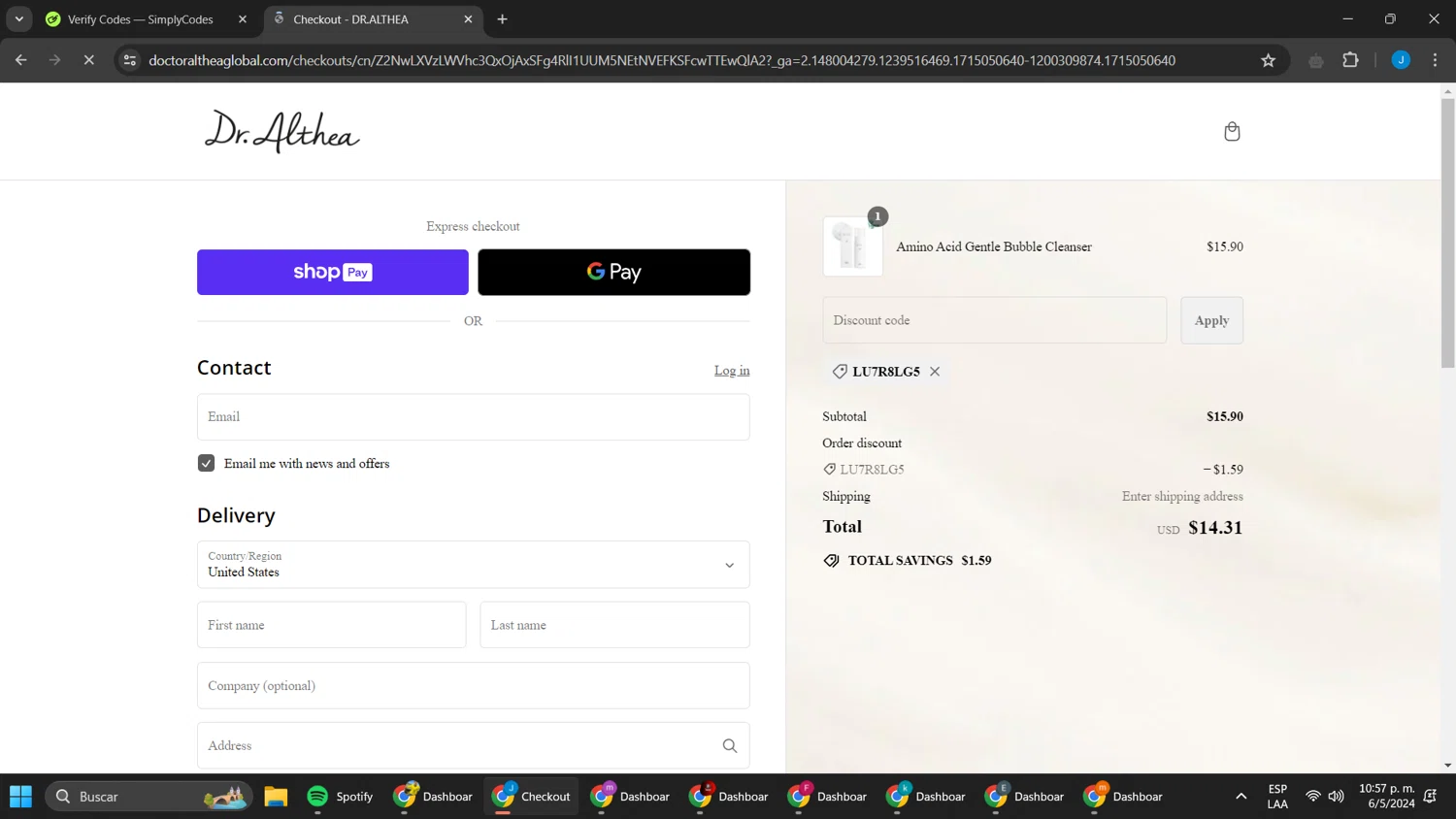 Dr. Althea checkout page showing Dr. Althea discount code box | Screenshot taken by SimplyCodes community member on May 7, 2024