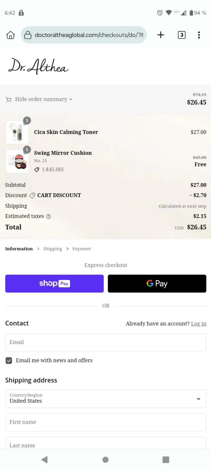 Dr. Althea checkout page showing Dr. Althea discount code box | Screenshot taken by SimplyCodes community member on Jul 29, 2023