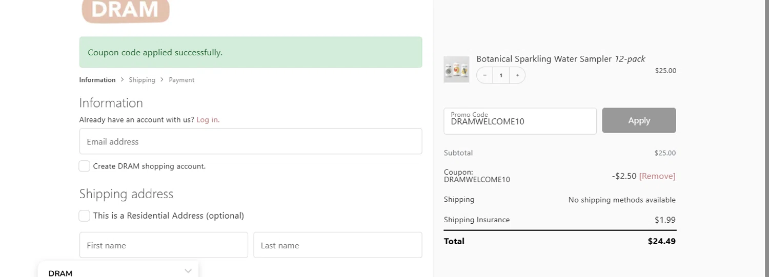 Dram Apothecary promo code screenshot showing code DRAMWELCOME10 applied at Dram Apothecary checkout page. Uploaded by SimplyCodes community member BudgetWizard6950 on Jul 1, 2025