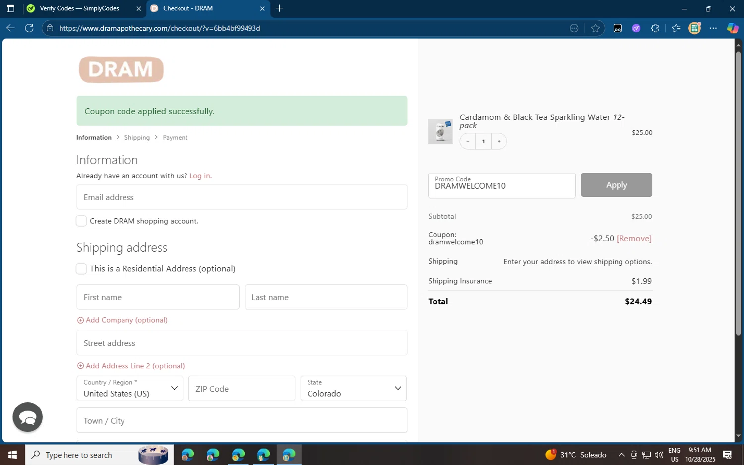 Dram Apothecary promo code screenshot showing code DRAMWELCOME10 applied at Dram Apothecary checkout page. Uploaded by SimplyCodes community member jvllsk3 on Oct 28, 2025