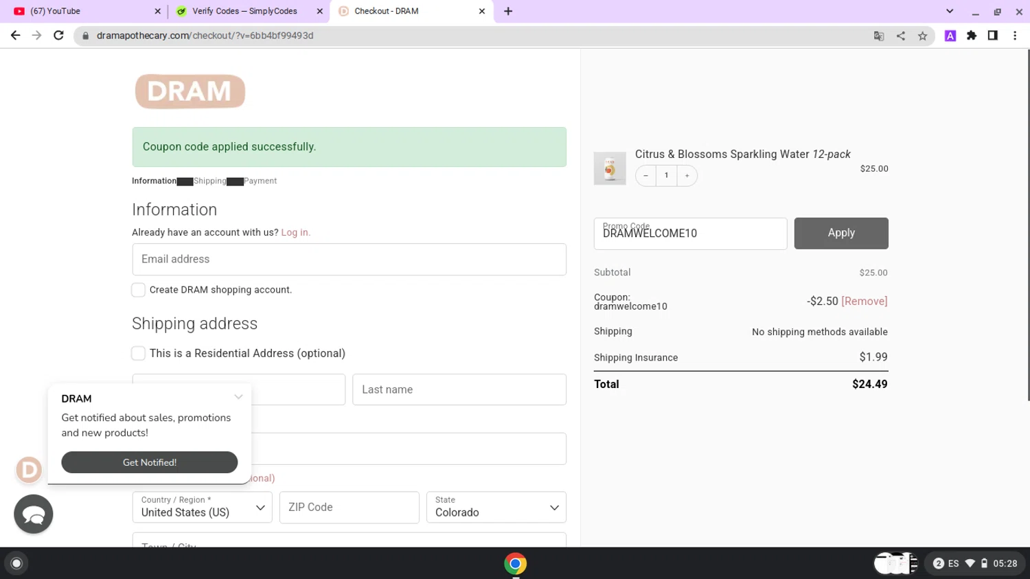 Dram Apothecary promo code screenshot showing code DRAMWELCOME10 applied at Dram Apothecary checkout page. Uploaded by SimplyCodes community member lapampita on Jun 10, 2025