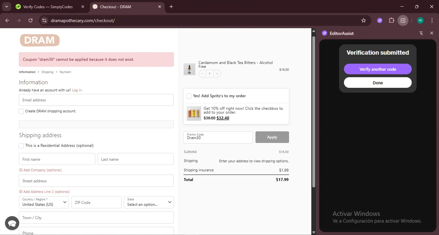 Dram Apothecary promo code screenshot showing code Dram30 applied at Dram Apothecary checkout page. Uploaded by SimplyCodes community member CrownSpotter4262 on Aug 21, 2025