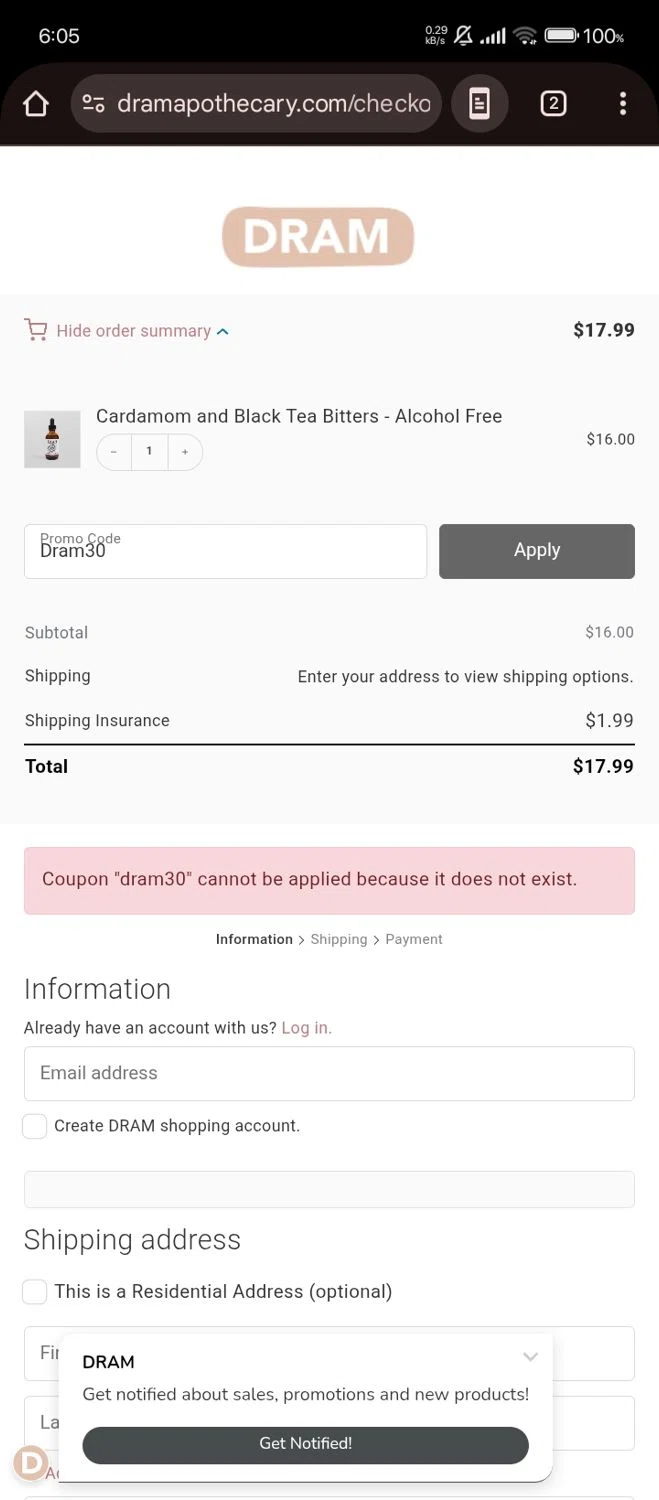 Dram Apothecary promo code screenshot showing code Dram30 applied at Dram Apothecary checkout page. Uploaded by SimplyCodes community member RebateShopper5497 on Aug 21, 2025