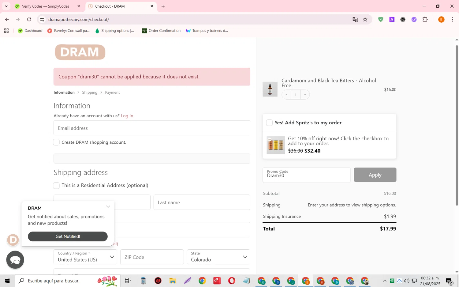 Dram Apothecary promo code screenshot showing code Dram30 applied at Dram Apothecary checkout page. Uploaded by SimplyCodes community member RewardFalcon3197 on Aug 21, 2025