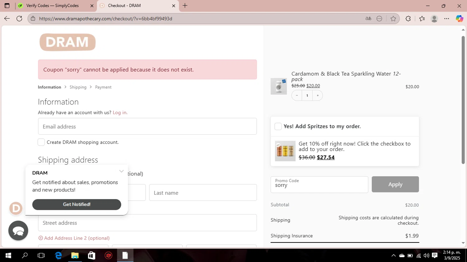 Dram Apothecary promo code screenshot showing code sorry applied at Dram Apothecary checkout page. Uploaded by SimplyCodes community member Sasuk3 on Sep 3, 2025