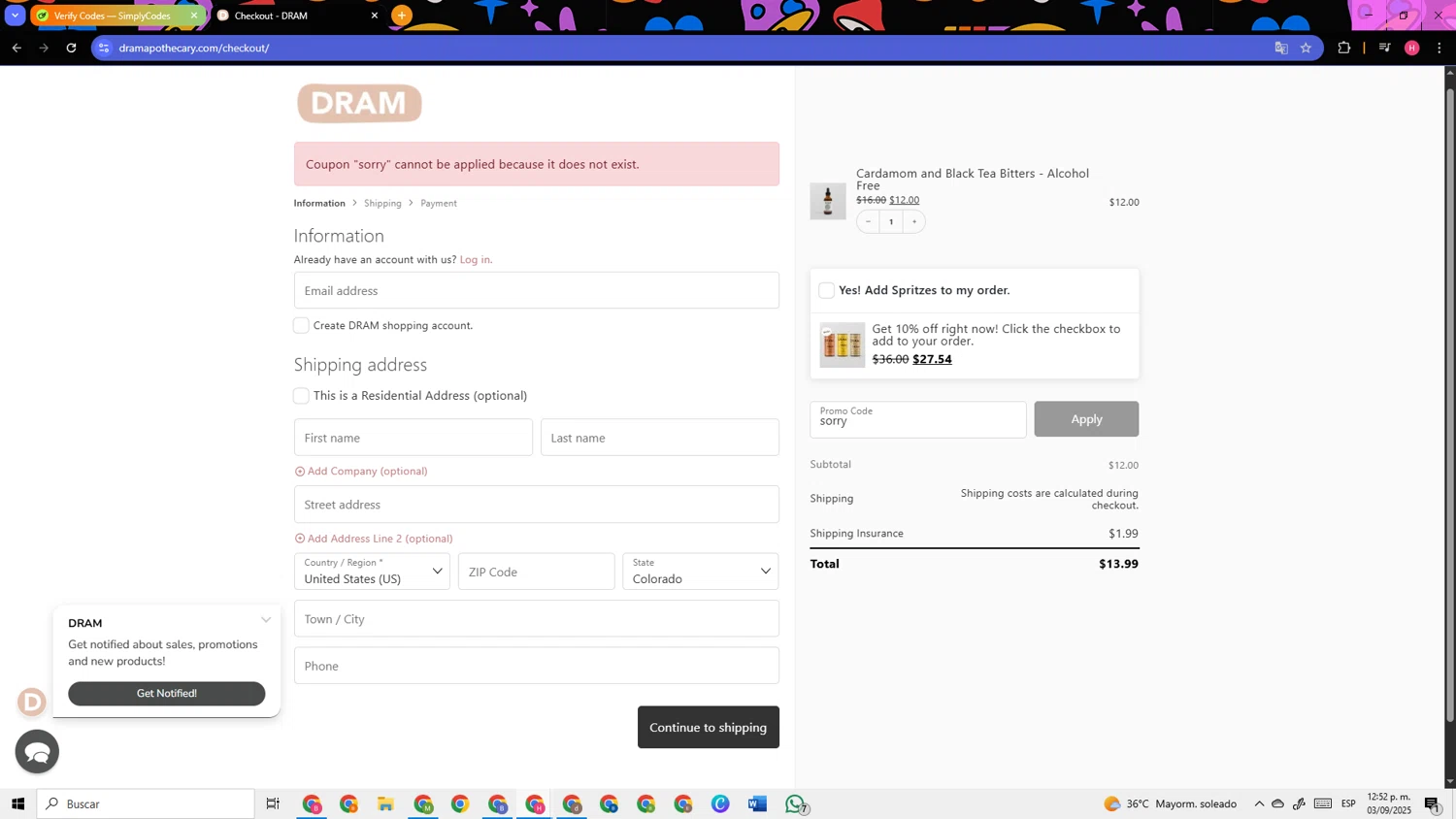 Dram Apothecary promo code screenshot showing code sorry applied at Dram Apothecary checkout page. Uploaded by SimplyCodes community member TokenSleuth5758 on Sep 3, 2025