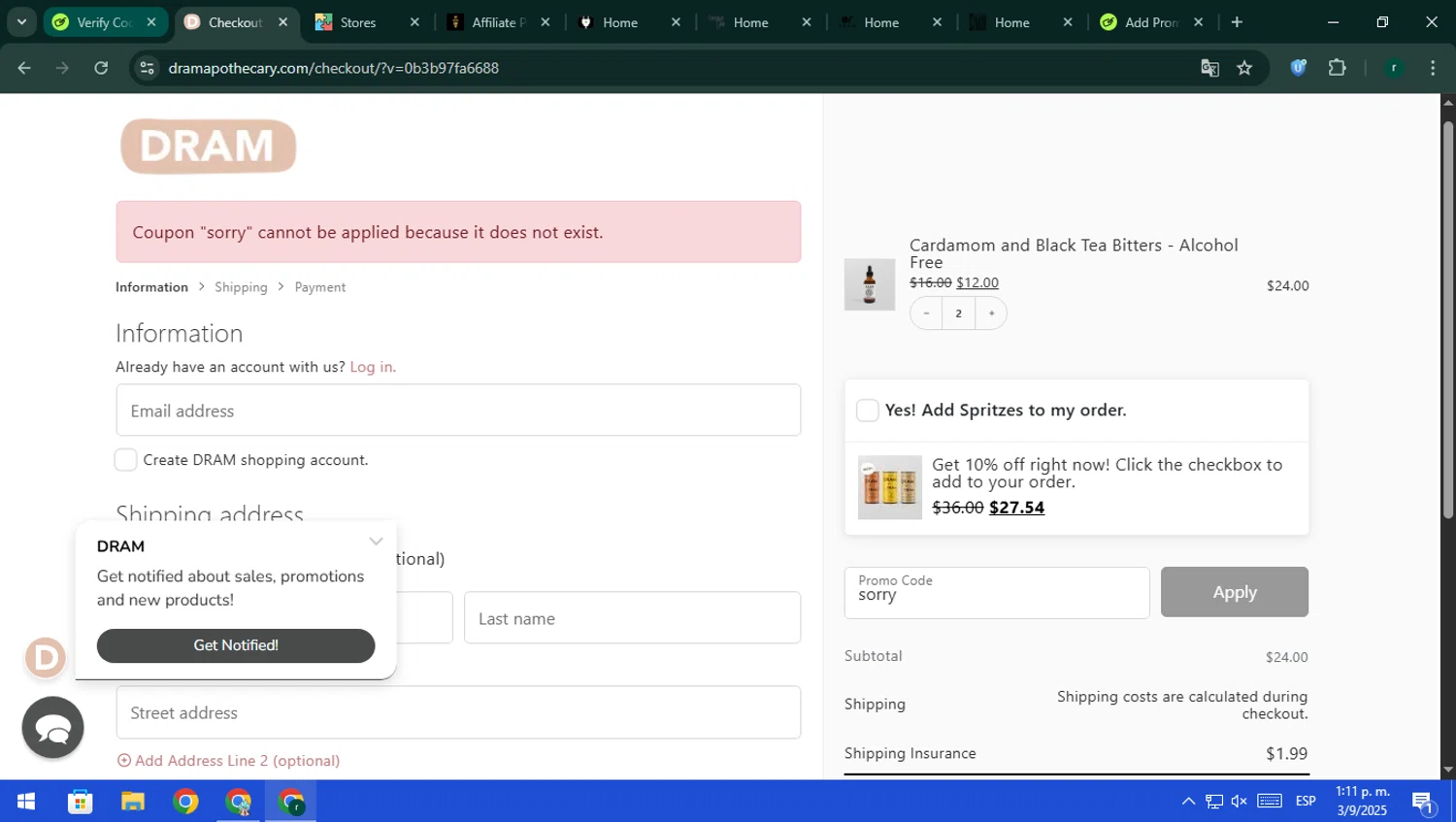 Dram Apothecary promo code screenshot showing code sorry applied at Dram Apothecary checkout page. Uploaded by SimplyCodes community member rodri1 on Sep 3, 2025