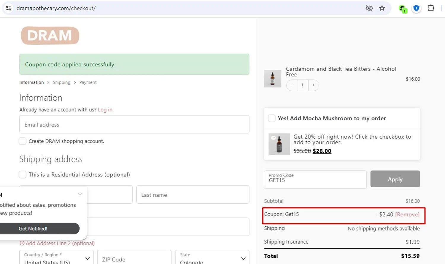 Dram Apothecary promo code screenshot showing code Get15 applied at Dram Apothecary checkout page. Uploaded by SimplyCodes community member frankrivero on Jul 12, 2025