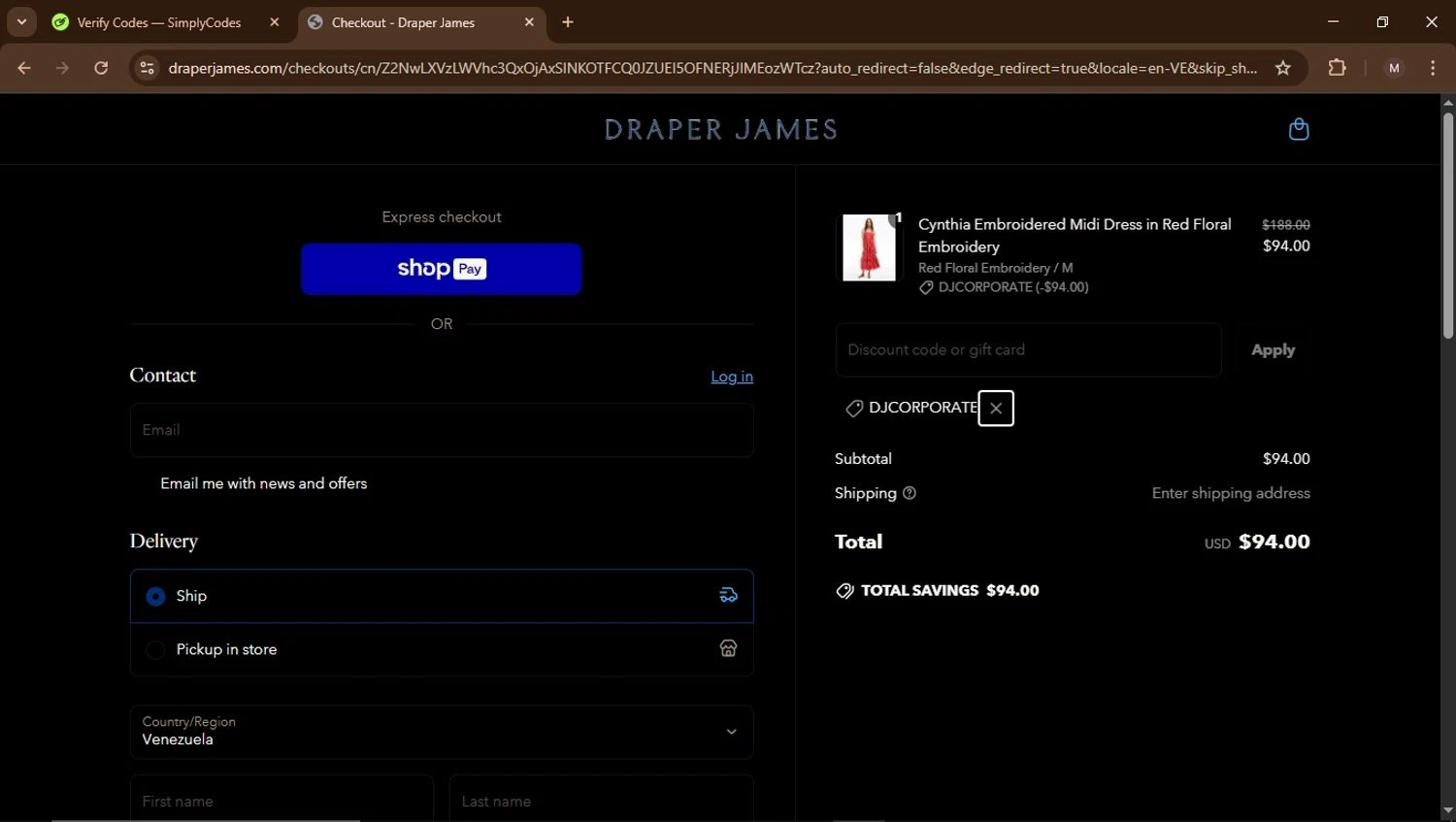 Draper James discount code screenshot showing code DJCORPORATE applied at Draper James checkout page. Uploaded by SimplyCodes community member Carrillojose on Apr 23, 2025