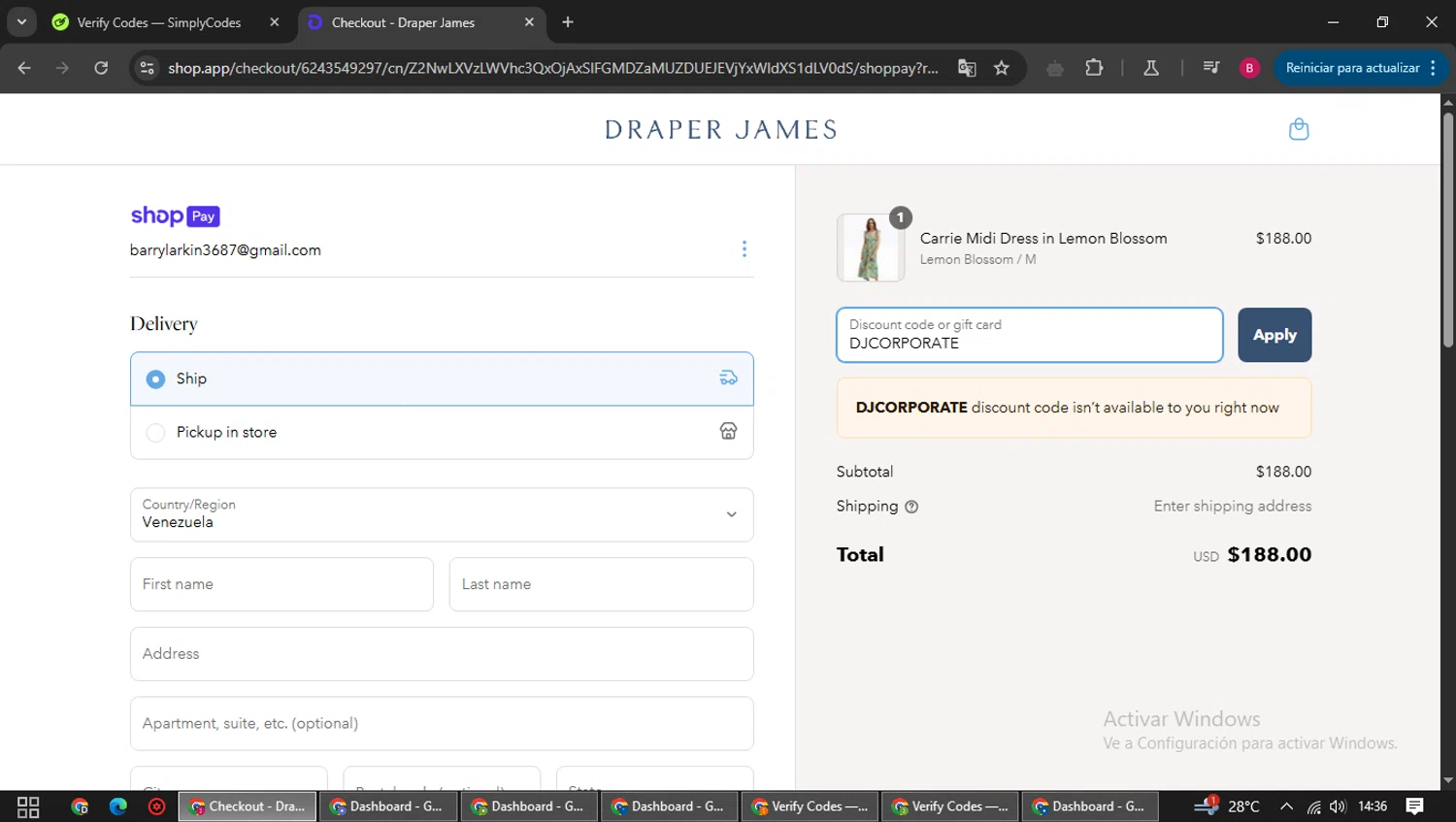 Draper James discount code screenshot showing code DJCORPORATE applied at Draper James checkout page. Uploaded by SimplyCodes community member SwiftSage1747 on Mar 28, 2025