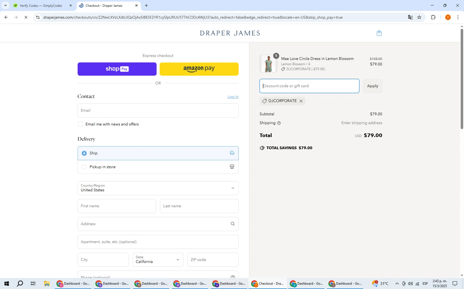 Draper James discount code screenshot showing code DJCORPORATE applied at Draper James checkout page. Uploaded by SimplyCodes community member EpicHero3141 on Mar 15, 2025