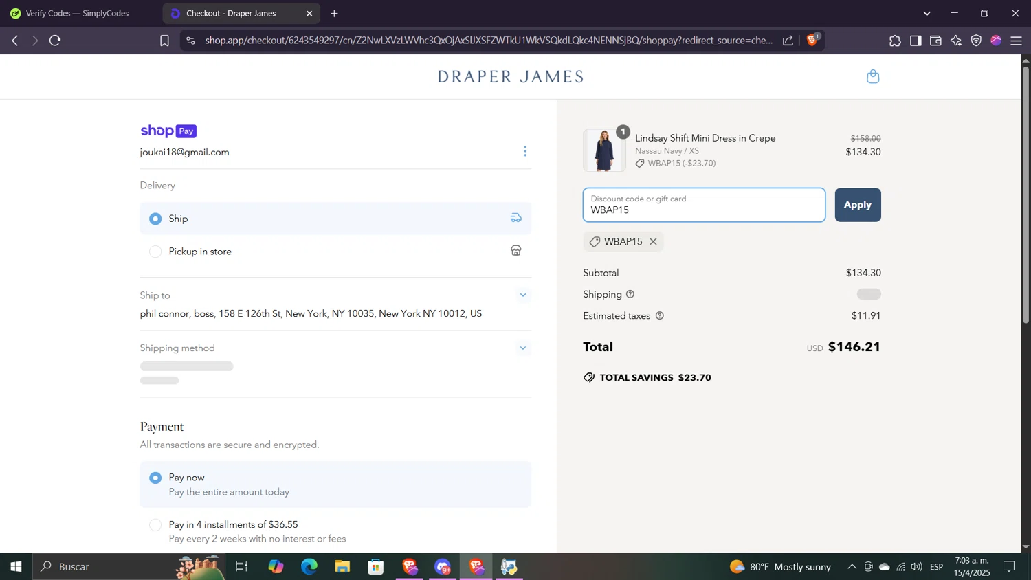 Draper James discount code screenshot showing code WBAP15 applied at Draper James checkout page. Uploaded by SimplyCodes community member Despechao on Apr 15, 2025