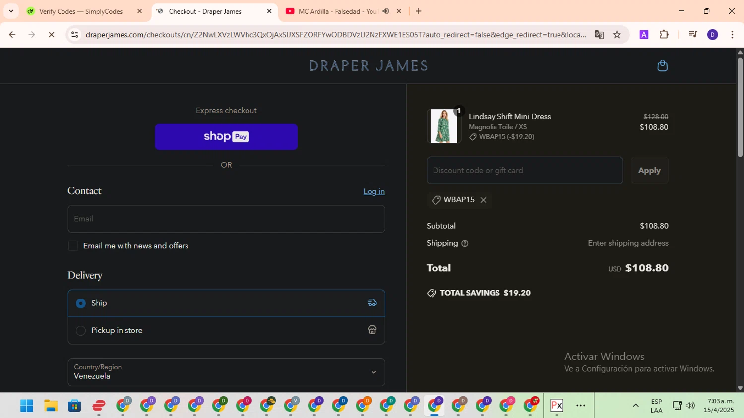 Draper James discount code screenshot showing code WBAP15 applied at Draper James checkout page. Uploaded by SimplyCodes community member PromoLion4240 on Apr 15, 2025