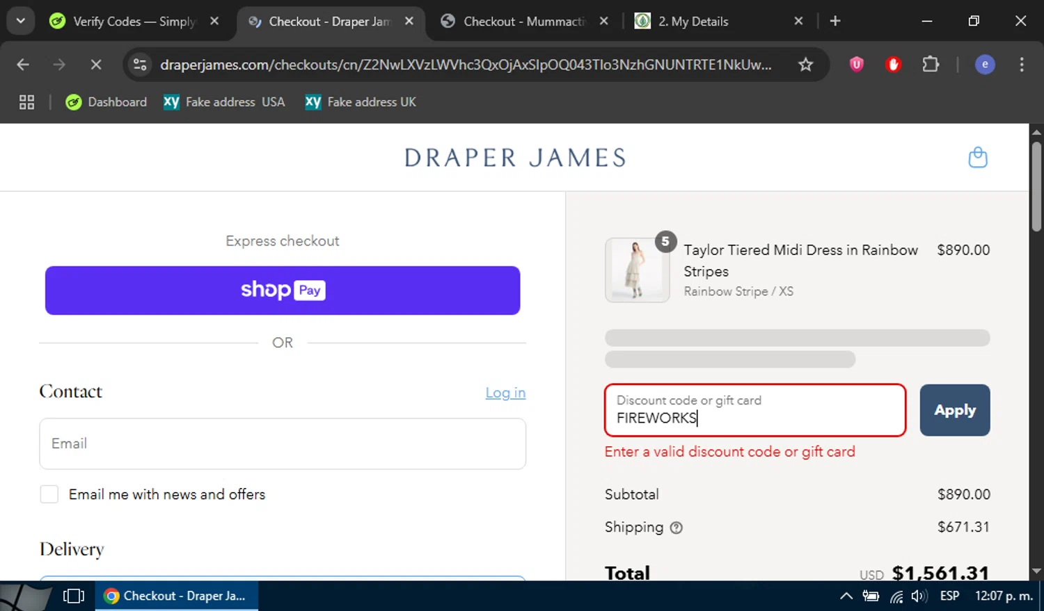 Draper James discount code screenshot showing code FIREWORKS applied at Draper James checkout page. Uploaded by SimplyCodes community member Eliot_force on Jul 8, 2025