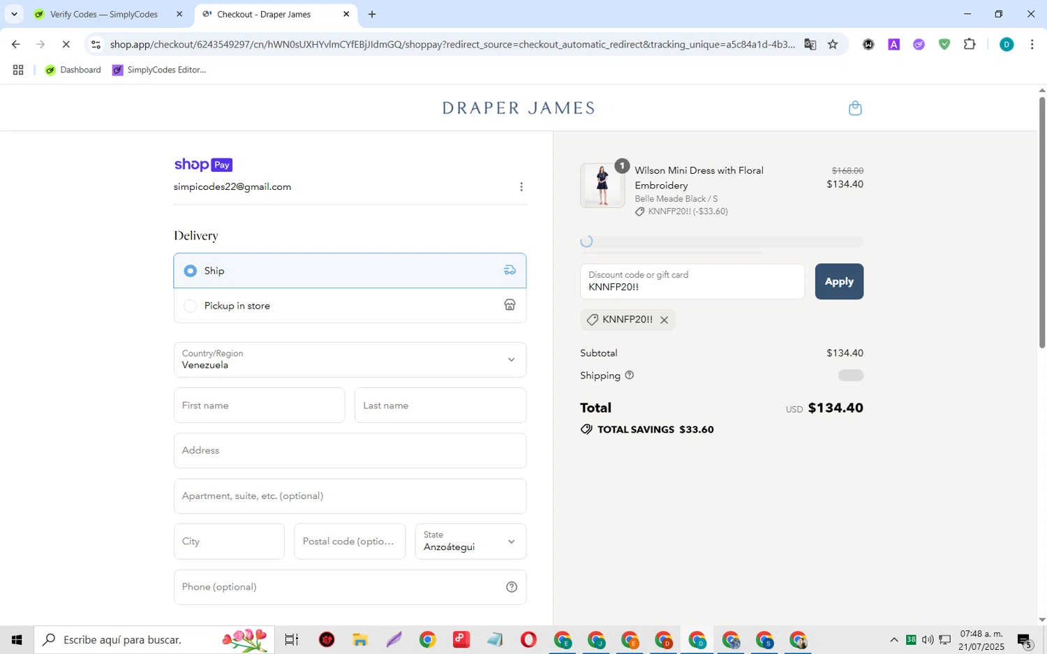 Draper James discount code screenshot showing code KNNFP20!! applied at Draper James checkout page. Uploaded by SimplyCodes community member MagnificentCollector5368 on Jul 21, 2025