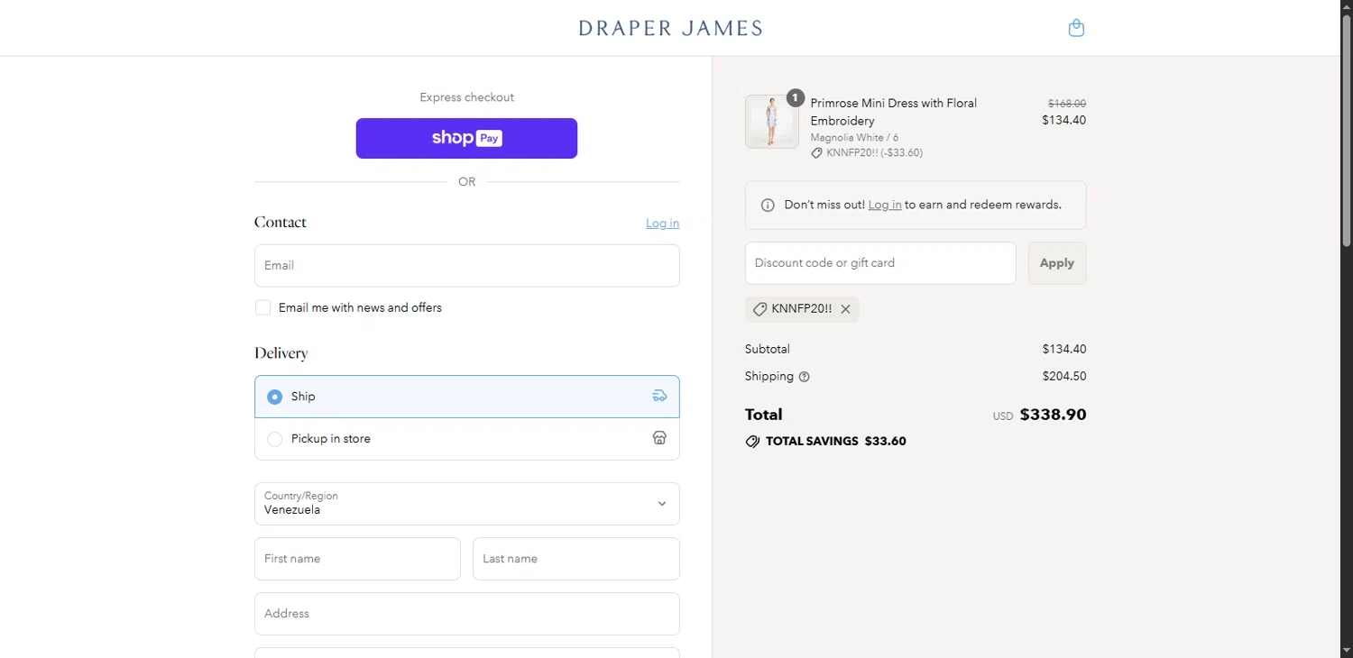 Draper James discount code screenshot showing code KNNFP20!! applied at Draper James checkout page. Uploaded by SimplyCodes community member Serdanvz on Jul 3, 2025