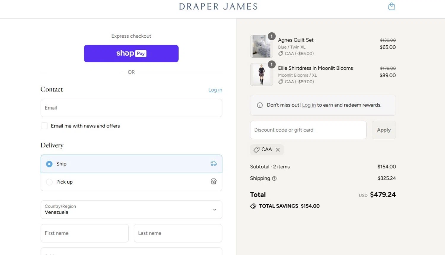 Draper James discount code screenshot showing code CAA applied at Draper James checkout page. Uploaded by SimplyCodes community member angelfigueroa2008 on Aug 24, 2025