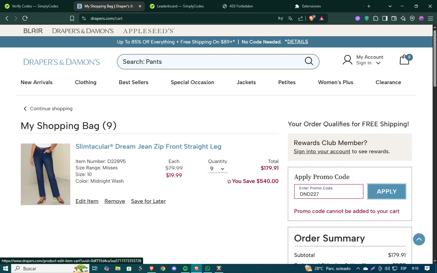 Draper's & Damon's promo code screenshot showing code DND227 applied at Draper's & Damon's checkout page. Uploaded by SimplyCodes community member SmartSaver5448 on Jun 16, 2025