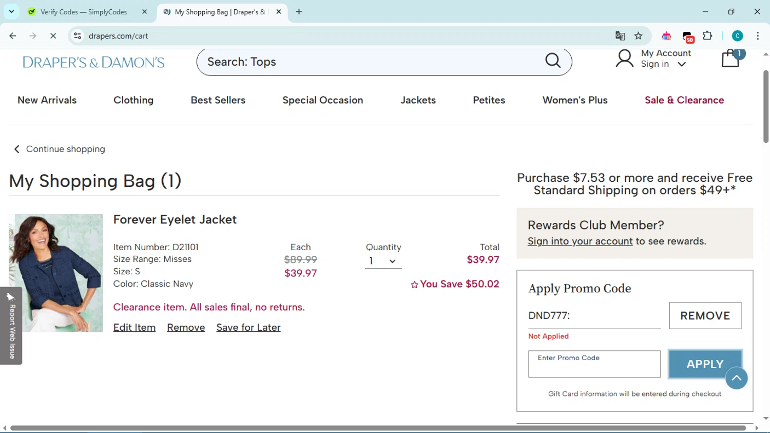 Draper's & Damon's promo code screenshot showing code DND777 applied at Draper's & Damon's checkout page. Uploaded by SimplyCodes community member Simpsince95 on Mar 16, 2025
