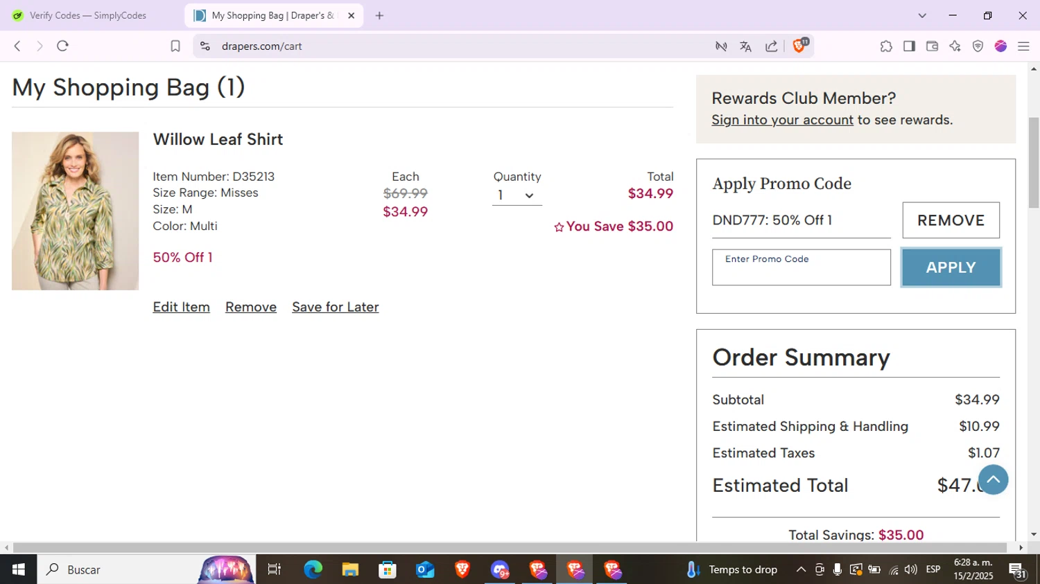 Draper's & Damon's promo code screenshot showing code DND777 applied at Draper's & Damon's checkout page. Uploaded by SimplyCodes community member LaVelaEnPinta on Feb 15, 2025
