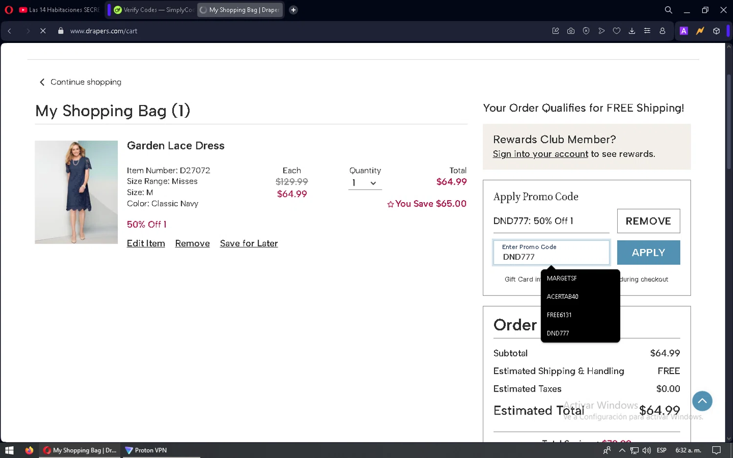 Draper's & Damon's promo code screenshot showing code DND777 applied at Draper's & Damon's checkout page. Uploaded by SimplyCodes community member mixelis on Mar 16, 2025