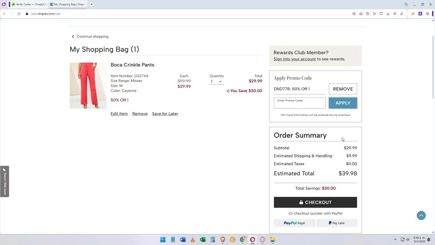 Draper's & Damon's promo code screenshot showing code DND778 applied at Draper's & Damon's checkout page. Uploaded by SimplyCodes community member Darkosukaru on Apr 9, 2025