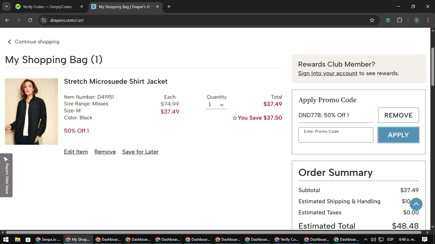 Draper's & Damon's promo code screenshot showing code DND778 applied at Draper's & Damon's checkout page. Uploaded by SimplyCodes community member Nata_Montana on Mar 11, 2025