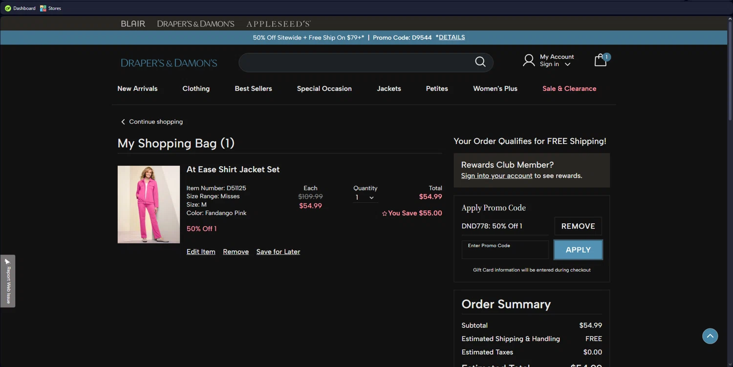 Draper's & Damon's promo code screenshot showing code DND778 applied at Draper's & Damon's checkout page. Uploaded by SimplyCodes community member CashFinder8945 on Apr 9, 2025
