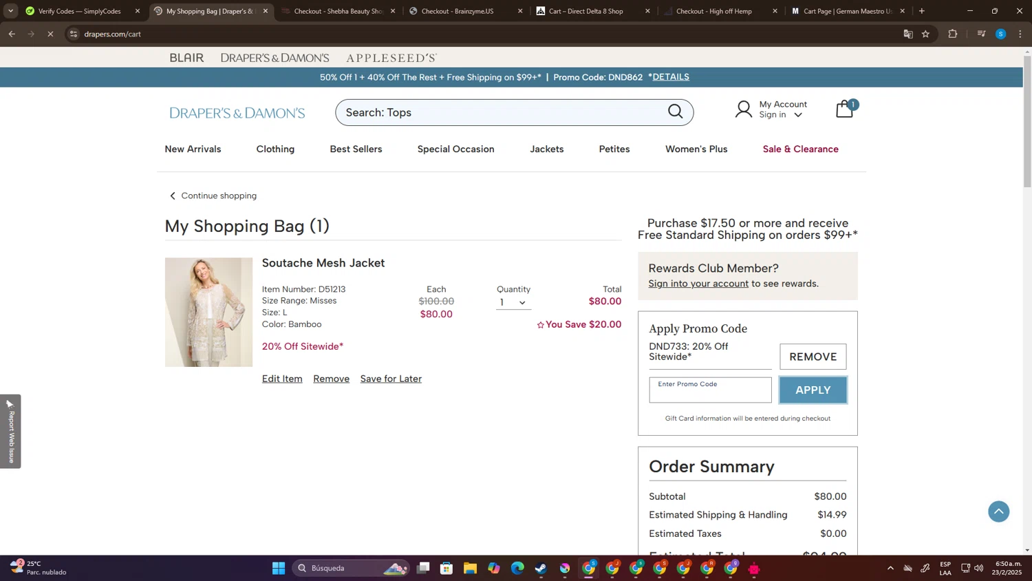 Draper's & Damon's promo code screenshot showing code DND733 applied at Draper's & Damon's checkout page. Uploaded by SimplyCodes community member SalvadorC1 on Feb 23, 2025