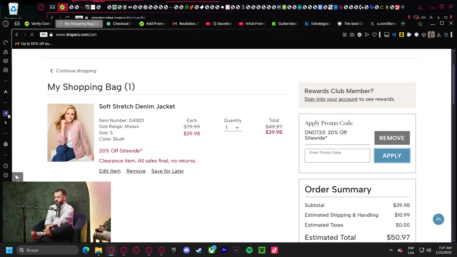 Draper's & Damon's promo code screenshot showing code DND733 applied at Draper's & Damon's checkout page. Uploaded by SimplyCodes community member kurcovein on Jan 25, 2025