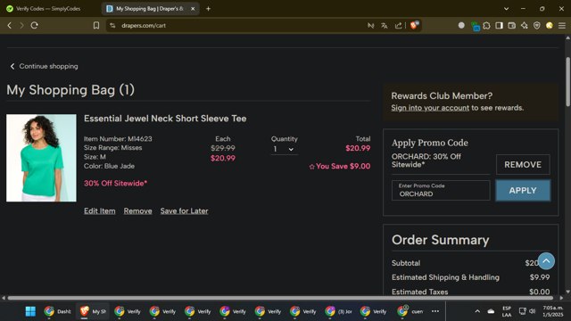 Draper's & Damon's checkout page showing Draper's & Damon's promo code box | Screenshot taken by SimplyCodes community member on May 1, 2025