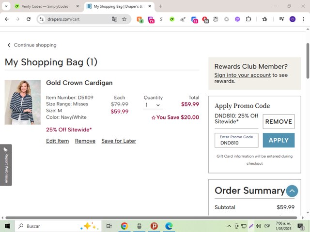 Draper's & Damon's checkout page showing Draper's & Damon's promo code box | Screenshot taken by SimplyCodes community member on May 1, 2025