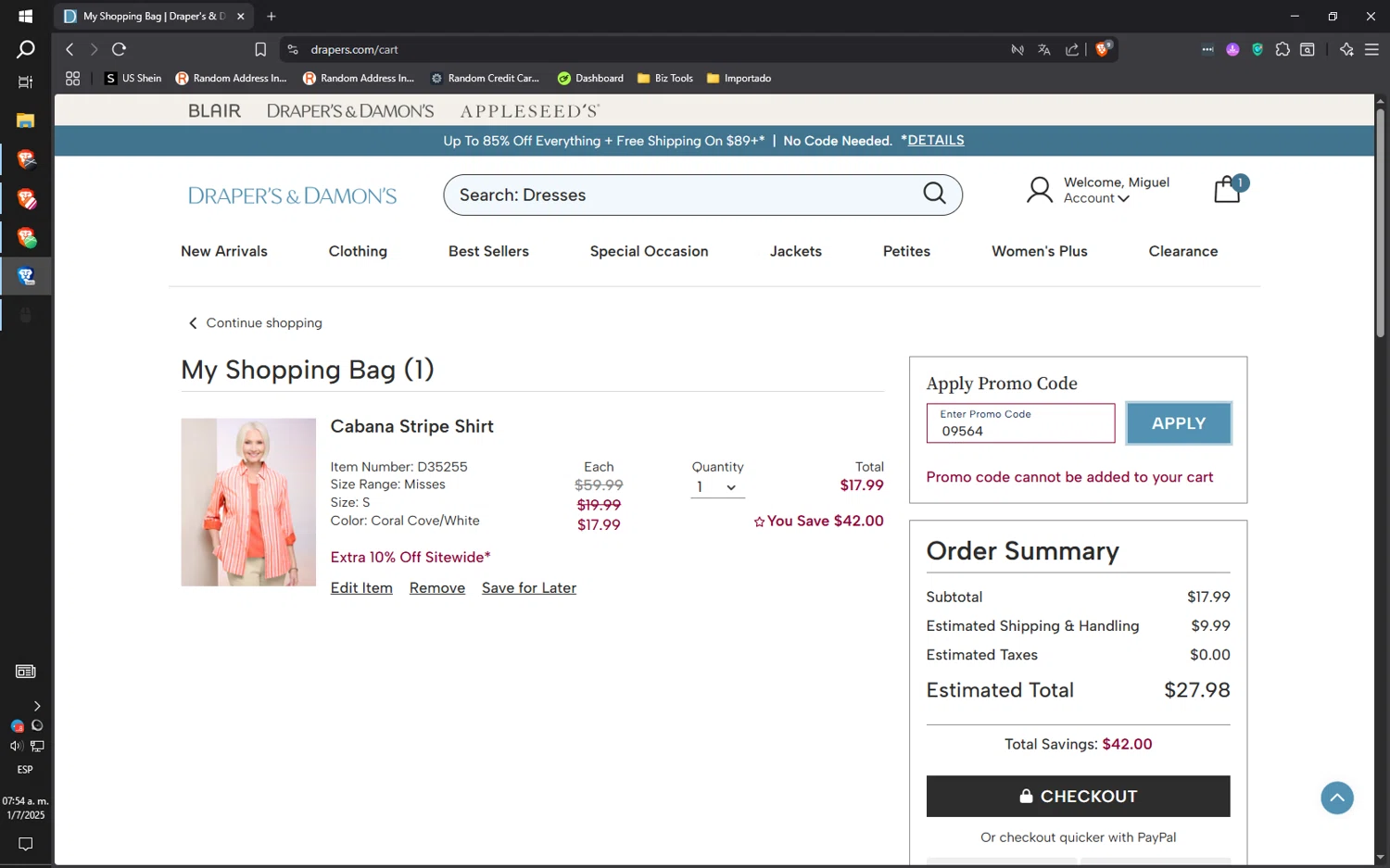 Draper's & Damon's promo code screenshot showing code 09564 applied at Draper's & Damon's checkout page. Uploaded by SimplyCodes community member ilaMiguel on Jul 1, 2025