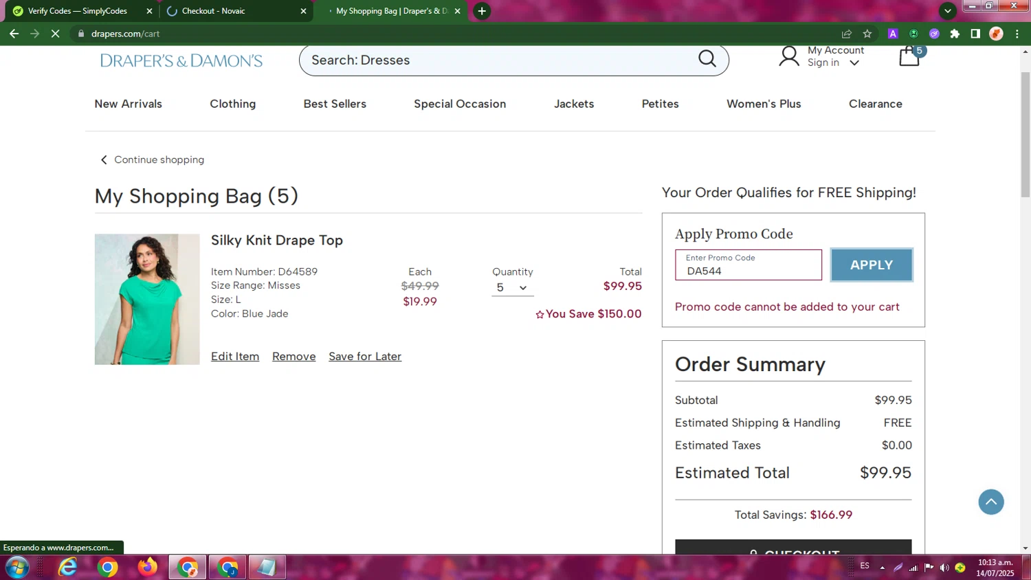 Draper's & Damon's promo code screenshot showing code DA544 applied at Draper's & Damon's checkout page. Uploaded by SimplyCodes community member ExtraordinaryPhoenix9295 on Jul 14, 2025