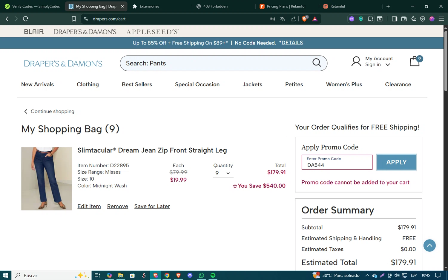 Draper's & Damon's promo code screenshot showing code DA544 applied at Draper's & Damon's checkout page. Uploaded by SimplyCodes community member SmartSaver5448 on Jul 14, 2025