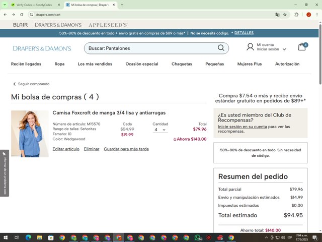 Draper's & Damon's checkout page showing Draper's & Damon's promo code box | Screenshot taken by SimplyCodes community member on May 17, 2025