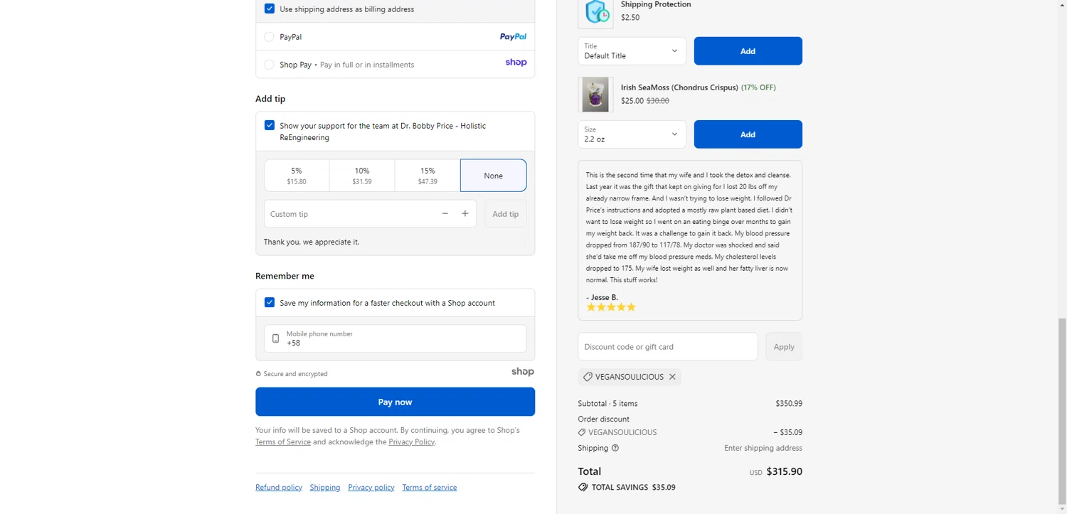 Dr. Bobby Price discount code screenshot showing code VEGANSOULICIOUS applied at Dr. Bobby Price checkout page. Uploaded by SimplyCodes community member BrilliantRanger9984 on Nov 17, 2025