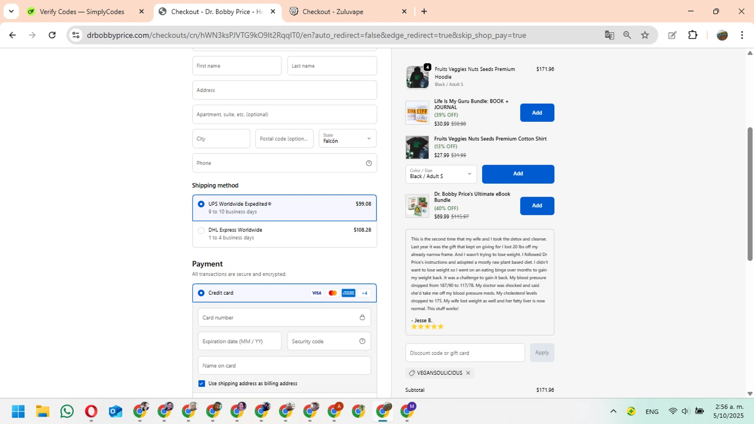 Dr. Bobby Price discount code screenshot showing code VEGANSOULICIOUS applied at Dr. Bobby Price checkout page. Uploaded by SimplyCodes community member FundoEsperanza on Oct 5, 2025