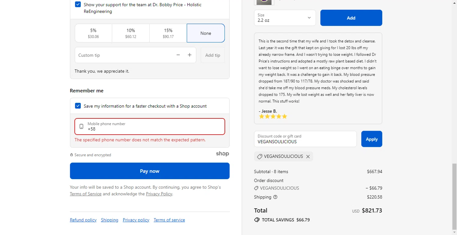 Dr. Bobby Price discount code screenshot showing code VEGANSOULICIOUS applied at Dr. Bobby Price checkout page. Uploaded by SimplyCodes community member ShieldLion4225 on Oct 20, 2025